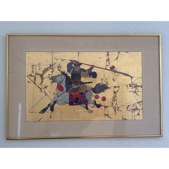 Man-on-The-Saddle-by-Mou-Sein Tseng Signed Gouache and Gold Leaf Painting - Picture 1 of 16